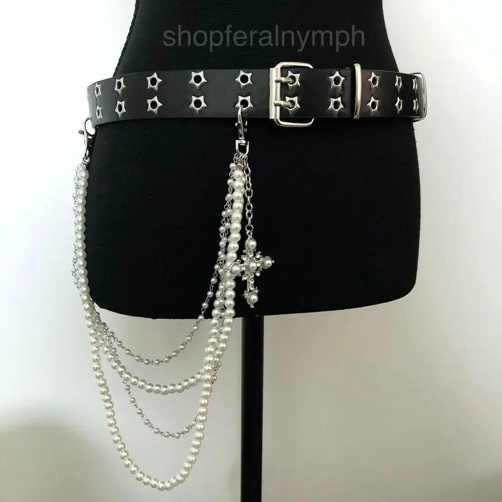 Y2K Goth Black Star Eyelet Faux Pearl Cross Belt, Fits 32–41 Inches, X7GA1227